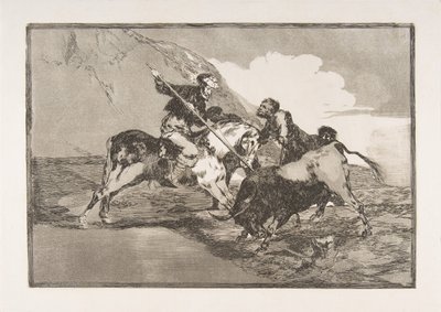 1. tábla a Tauromaquiából: Az ókori spanyolok bikák vadászatának módja a hor..., 1816. alkotó: Francisco de Goya