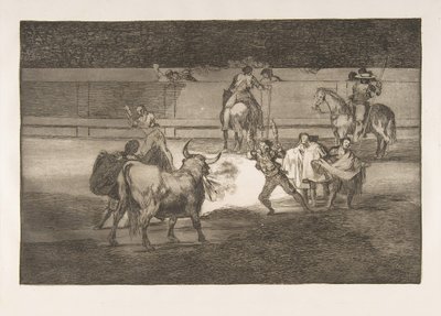A Tauromaquia 31. táblája: Banderillák petárdákkal., 1816. alkotó: Francisco de Goya