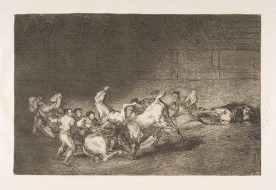 A Tauromaquia 32. táblája: Két picadorcsapat, akiket énekszó dob egymás után..., 1816. alkotó: Francisco de Goya