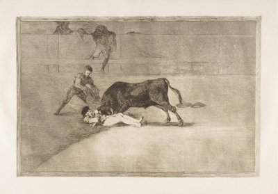 33. tábla a Tauromaquiáról: Pepe Illo szerencsétlen halála a ringben Madridban., 1816. alkotó: Francisco de Goya