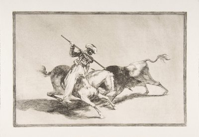 A Tauromaquia 5. táblája: A lelkes mór Gazul az első, aki lándzsás bikákat ütött..., 1816. alkotó: Francisco de Goya