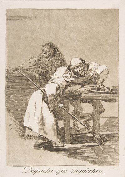 78. tábla Los Caprichosból: Légy gyors, felébresztik a Despachát, que dispiertan., 1799. alkotó: Francisco de Goya