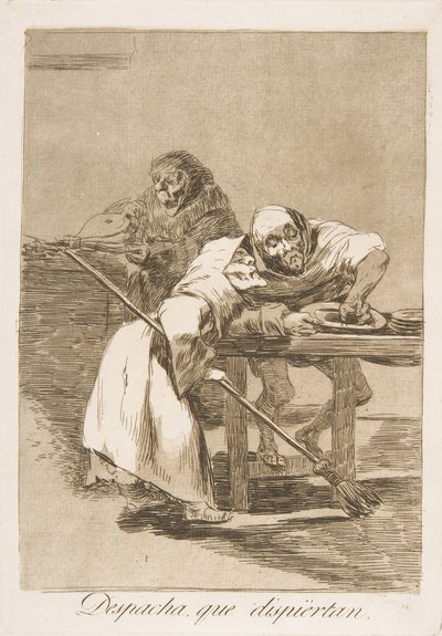 78. tábla Los Caprichosból: Légy gyors, felébrednek a Despacha, que dispiértan., 1799. alkotó: Francisco de Goya