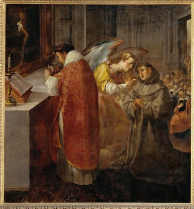 Szent Bonaventura, amint kezéből részesül az áldozásban ... alkotó: Francisco Herrera
