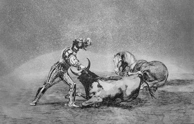 Egy spanyol lovag megöli a bikát, miután elvesztette a lovát. A „The Art of Bullfighting” 9. táblája, kocsma. 1816 (rézkarc) alkotó: Francisco Jose de Goya y Lucientes