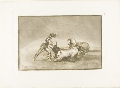 Egy spanyol lovag megöli a bikát, miután elvesztette a lovát, kilences lemez a Bikaviadal művészetéből alkotó: Francisco Jose de Goya y Lucientes