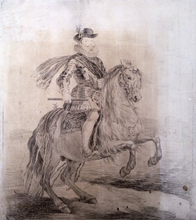 GOYA Y LUCIENTES, Francisco de (1746-1828). Fülöp spanyol lovas portréja. 1778. Spanyolország III. FÜLÖP (1578-1621). Spanyolország királya (1598-1621). Velazquez-festmények rajzmásolatai. Barokk művészet. Rajz. SPANYOLORSZÁG. MADRID (AUTONÓM KÖZÖSSÉG). Őr alkotó: Francisco Jose de Goya y Lucientes
