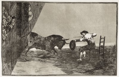 GOYA Y LUCIENTES, Francisco de (1746-1828). Martincho (valószínűleg Antonio Ebassum) merészsége a ringben Saragossában. 1816. (24,9 x 35,7 cm). „A bikaviadal művészete” 18. táblája. Rézkarc. SPANYOLORSZÁG. MADRID (AUTONÓM KÖZÖSSÉG). Madrid. Nemzeti Könyvtá alkotó: Francisco Jose de Goya y Lucientes