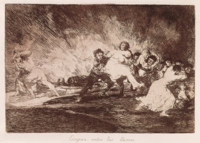 GOYA Y LUCIENTES, Francisco de (1746-1828). A lángokon keresztül menekülnek. 1810-1812. (16,1 x 23,3 cm). A „The Disasters of War” 47. táblája. Rézkarc. SPANYOLORSZÁG. MADRID (AUTONÓM KÖZÖSSÉG). Madrid. Nemzeti Könyvtár alkotó: Francisco Jose de Goya y Lucientes