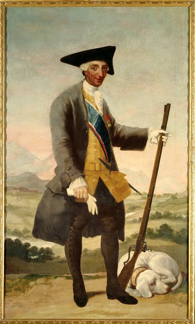 III. Károly (1716-1788) mint vadász portréja lábán, V. Fülöp fia Francisco de Goya (1746-1828) festménye, olaj, vászon alkotó: Francisco de Goya