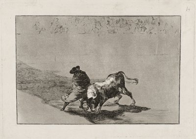 Az okos „hamis tanuló” feldühíti a bikát azzal, hogy köpenyébe burkolózva mozog, 14. tábla alkotó: Francisco de Goya