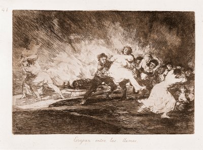 A háború katasztrófái: A lángokon keresztül menekülnek (makarás a rajzból alkotó: Francisco de Goya