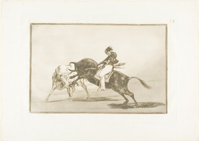 Ugyanaz a Ceballos, egy másik bikára szerelve, rövid lándzsákat tör a ringben Madridban, 24. lemez A bikaviadal művészetéből alkotó: Francisco Jose de Goya y Lucientes
