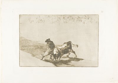 A hamisság nagyon ügyes tanulója, köpenyébe burkolva, testének játékával becsapja a bikát, 14. lemez A bikaviadal művészetéből alkotó: Francisco Jose de Goya y Lucientes