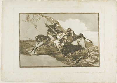 Az a mód, ahogyan az ókori spanyolok bikákra vadásztak lóháton a nyílt terepen, első tábla A bikaviadal művészetéből alkotó: Francisco Jose de Goya y Lucientes