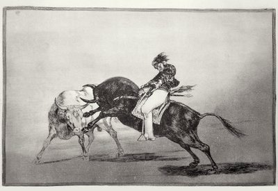 Ugyanaz a Mariano Ceballos, bikára ültetve, rövid lándzsákat tör a ringben Madridban, „A bikaviadal művészete” 24. táblája, kocsma. 1816 (rézkarc) alkotó: Francisco Jose de Goya y Lucientes