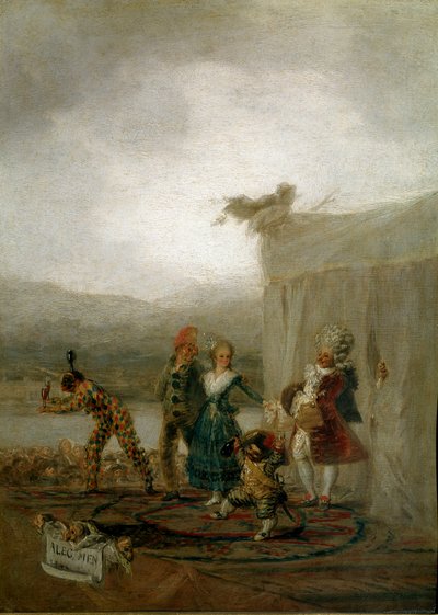 Utazó komikus színészek A karakterek (köztük egy törpe és egy harlekin (Arlecchino, Harlequin)) inspirálják a Commedia dell