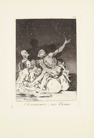 Amikor a nap szünetel, útnak indulunk (Si amanece; nos vamos) 71. tábla innen: Los Caprichos alkotó: Francisco Jose de Goya y Lucientes