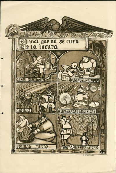Illusztráció: Francisco Sancha Lengo (1874-1936) - Repülő levél, 1915 körül - A meg nem gyógyítható gonosz az őrület - 14-18-as háború, Németország Poroszország, Asphixiant gáz, spanyol nyelv, Külföldi sajtó alkotó: Francisco Sancha y Lengo