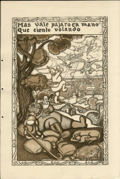 Illusztráció: Francisco Sancha Lengo (1874-1936) - Repülő levél, kb. 1915 - Többet ér egy madár a kézben, mint száz repülő - 14-18-as háború, Németország Poroszország, Hadviselők és szimbólumok, Győzelem, Béke, Spanyol nyelv, Külföldi sajtó alkotó: Francisco Sancha y Lengo
