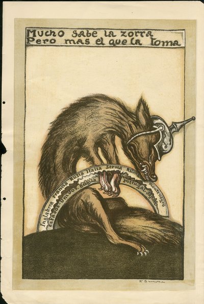 Francisco Sancha Lengo (1874-1936) illusztrációja - Repülő levél, kb. 1915 - Mucho sabe la zorra pero mal el que la toma - 14-18-as háború, Németország Poroszország, Hadviselők és szimbólumok, Szövetségesek, spanyol nyelv, külföldi sajtó - Fox -, akadályoz alkotó: Francisco Sancha y Lengo