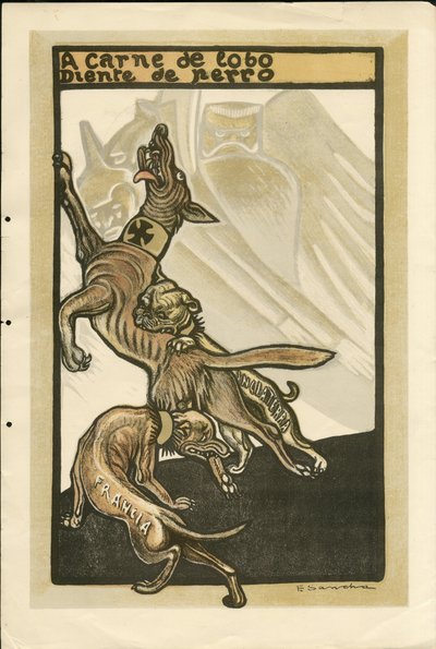 Illusztráció: Francisco Sancha Lengo (1874-1936) - Repülő levél, 1915 körül - A carne de lobo diente de perro - 14-18-i háború, Németország Poroszország, Anglia Nagy-Britannia, Hadsereg és szimbólumok, Franciaország, spanyol nyelv, külföldi sajtó - William alkotó: Francisco Sancha y Lengo
