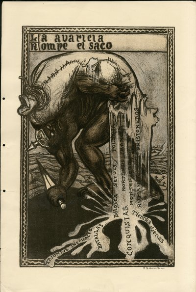 Illusztráció: Francisco Sancha Lengo (1874-1936) - Repülő levél, 1915 körül - 14-18-as háború, Németország Poroszország, Ezüst, Hadviselők és szimbólumok, Spanyol nyelv, Külföldi sajtó alkotó: Francisco Sancha y Lengo