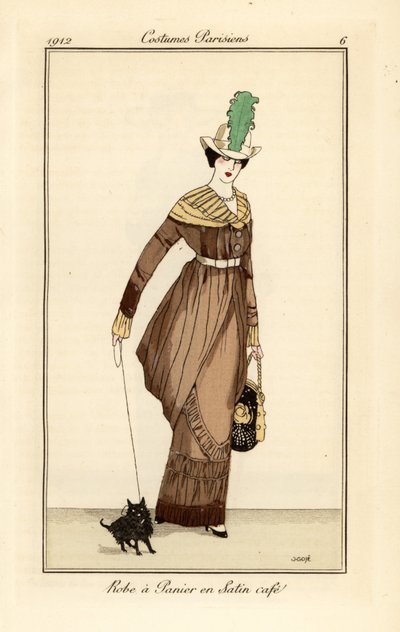 Kávészínű szatén kosárruhás nő kutyával, Tommaso Antongini Journal des Dames et des Modes, Aux Bureaux du Journal des Dames, Párizs metszetéből alkotó: Francesc Xavier Gosé