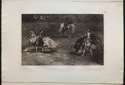 Bikaviadalok: Bikaviador egy asszisztens vállára ülve, bikát lándzsázva alkotó: Francisco de Goya