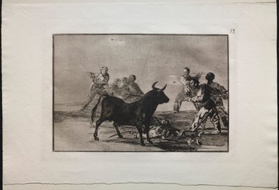 Bikaviadalok: A rabló, aki lándzsával, sarlóval, banderillával és más fegyverekkel megfeszíti a bikát, 1876. alkotó: Francisco de Goya