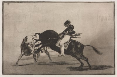 Bikaviadalok: Ugyanaz a Ceballos egy másik bikára szerelve rövid lándzsákat tör a ringben Madridban alkotó: Francisco de Goya
