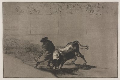 Bikaviadalok: A hamisság nagyon ügyes tanulója, köpenyébe burkolva, testének játékával becsapja a bikát alkotó: Francisco de Goya