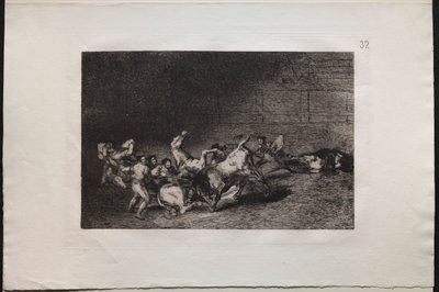 Bikaviadalok: Két Picador csapat, akiket egyetlen bika dobott egymás után alkotó: Francisco de Goya