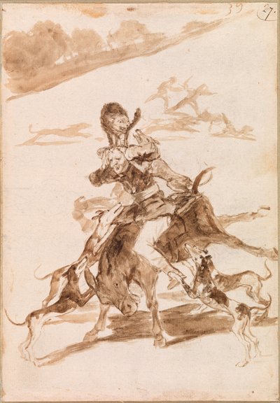 Kutyák kergetnek egy macskát egy emberen egy szamáron alkotó: Francisco de Goya