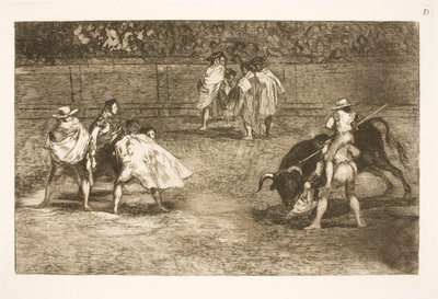 Egy torreádor egy asszisztens vállán ül, és rácsavarja a bikát alkotó: Francisco de Goya