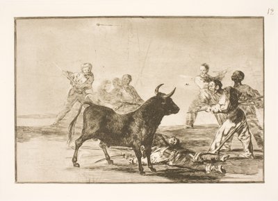 Az emberek lándzsákkal, sarlókkal, bandériumokkal és egyéb fegyverekkel szúrják a bikát alkotó: Francisco de Goya
