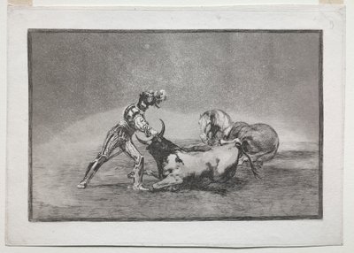 La Tauromaquia: Egy spanyol lovag megöli a bikát, miután elvesztette a lovát alkotó: Francisco de Goya
