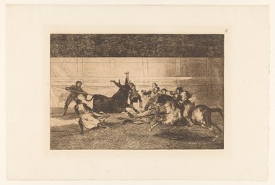 Bika szarvára feszített ember Mort de Pepe Illo Bikaviadal (sorozat címe) La Taureaumachie (sorozat címe) La Tauromaquia (sorozat címe) alkotó: Francisco de Goya