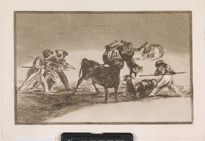 A mórok szamarakat használnak akadályként, hogy megvédjék magukat a bika ellen, amelynek szarvait golyókkal látták el. alkotó: Francisco de Goya