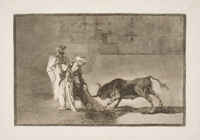 Az arénában tartózkodó mórok mindent megtesznek azért, hogy burnusuk segítségével magukhoz vonzzák a bikát alkotó: Francisco de Goya