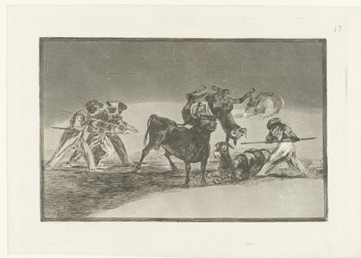 Mórok és szamarak harcolnak egy bikával Palenque de los Moros hecho con burros para defenderse del toro embolado La Tauromaquia (sorozat címe) Bikaviadal (sorozat címe) alkotó: Francisco de Goya