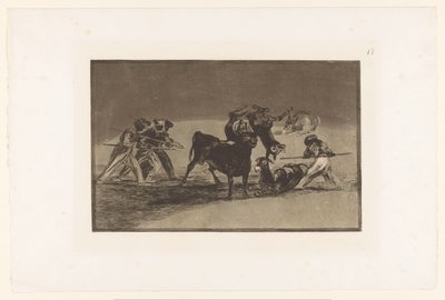 Mórok és szamarak harcolnak egy bikával Palenque de los Moros hecho con burros para defenderse del toro embolado Bikaviadalok (sorozat címe) La Taureaumachie (sorozat címe) La Tauromaquia (sorozat címe) alkotó: Francisco de Goya