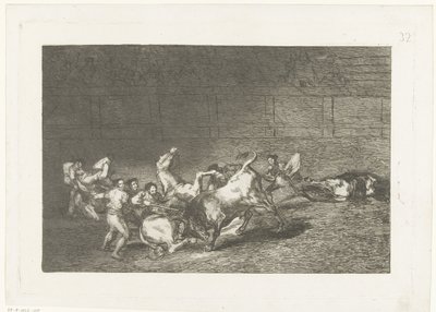 Picador steekt een lans in een stier Két picadorcsoportot fut át ​​egymás után egyetlen bika Bikaviadal (sorozat címe) Stierenvechten (sorozat címe) alkotó: Francisco de Goya