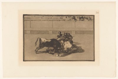 Picador leesett a lováról Caida de un picador de su caballo debajo del toro Bikaviadalok (sorozat címe) La Taureaumachie (sorozat címe) La Tauromaquia (sorozat címe) alkotó: Francisco de Goya