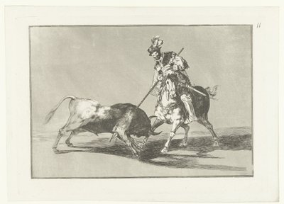 Rodrigo Diaz de Vivar verwondt een stier El Cid Campeador egy másik bikával lándzsázik Stierenvechten (sorozat címe) Bikaviadal (sorozat címe) alkotó: Francisco de Goya