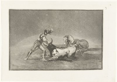 Spanse lovas doodt een stier Egy spanyol lovag megöl egy bikát, miután elvesztette a lovát Stierenvechten (sorozat címe) Bikaviadal (sorozat címe) alkotó: Francisco de Goya