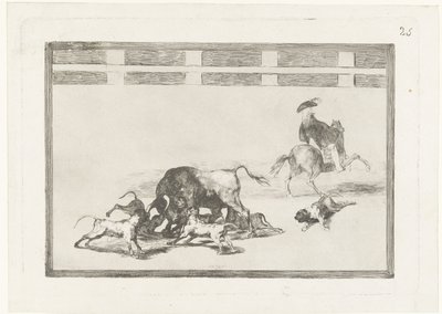 Kutyák támadták meg a bikát Echan perros al toro La Tauromaquia (sorozat címe) Bikaviadal (sorozat címe) alkotó: Francisco de Goya