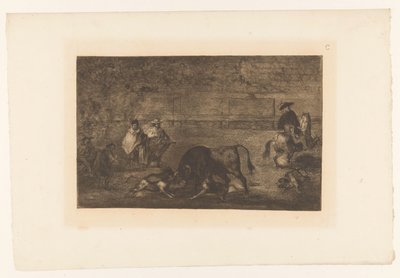 Kutyák támadták meg a bikát Les chiens lâchés sur le taureau Bikaviadalok (sorozat címe) La Taureaumachie (sorozat címe) La Tauromaquia (sorozat címe) alkotó: Francisco de Goya