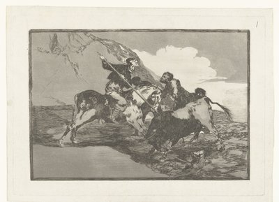 Stierenjacht te paard Hogyan vadásztak az ókori spanyolok a bikákra lóháton a mezőn Stierenvechten (sorozat címe) Bikaviadal (sorozat címe) alkotó: Francisco de Goya