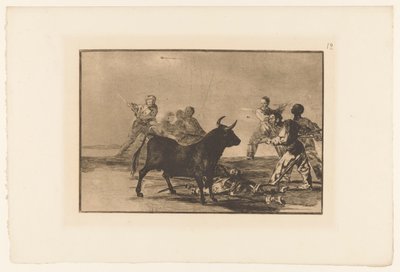 Stierenvechters rondom een ​​​​stier A gazember csánkja lándzsákkal, félholdakkal, branderillákkal és egyéb fegyverekkel Stierengevechten (sorozat címe) La Taureamachie (sorozat címe) Bikaviadal (sorozat címe) alkotó: Francisco de Goya